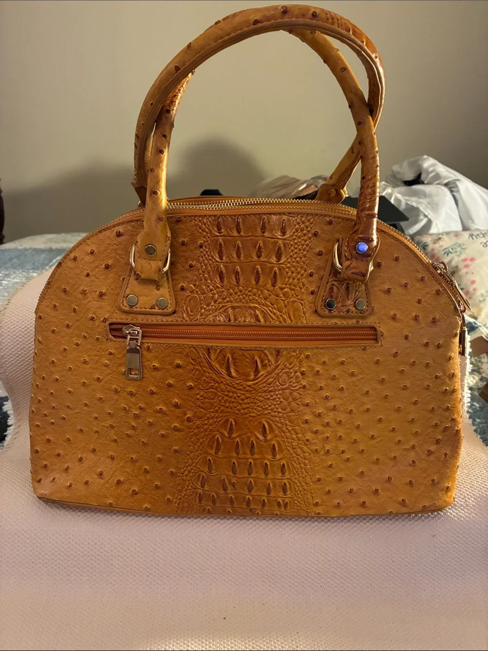 Unbranded Classic Textured Dome Satchel in Cognac Brown-faux ostrich leather